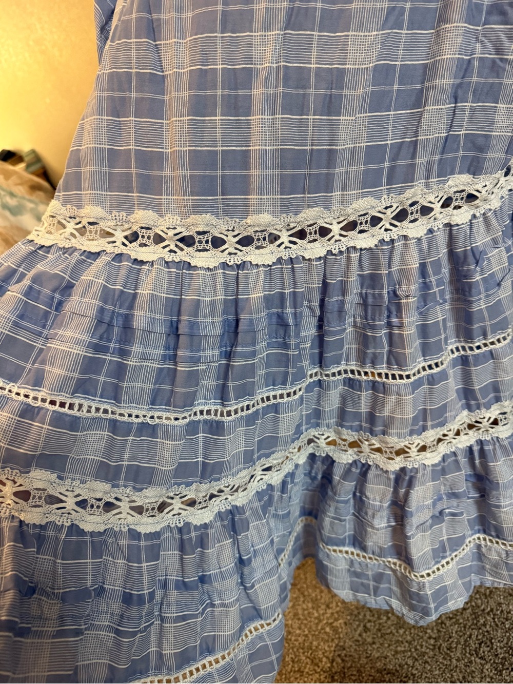 Free People Light Blue Plaid V-Neck Tunic with Lace Trim - Picture 5 of 5
